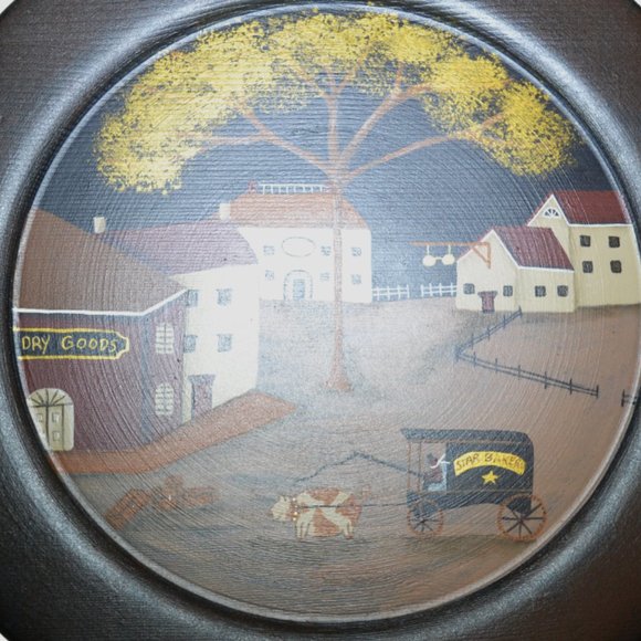 Primitive Decor Round Frame Hand Painted Board Wagon And Buildings - Picture 2 of 2